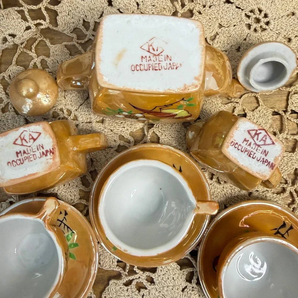 11pc Vintage KA Made in Occupied Japan Lusterware Miniature Tea Set Bird Floral